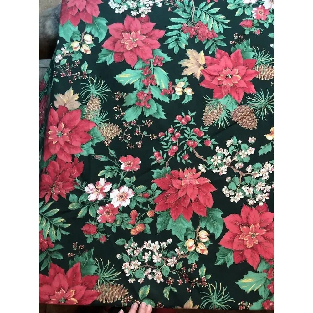 Hard to find Dark Background Christmas Tablecloth Red White Poinsettia Round 62